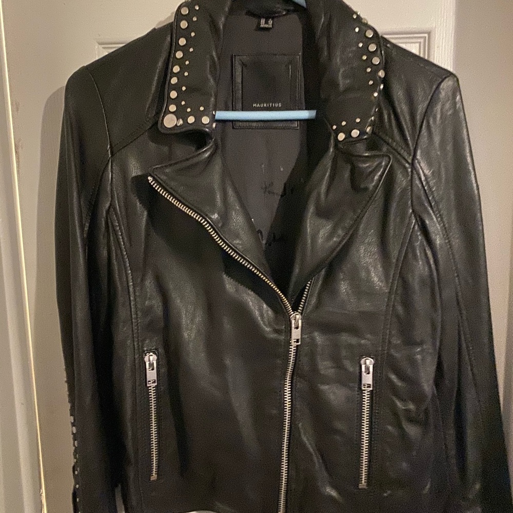 Mauritius Black Leather Studded Jacket Size Large